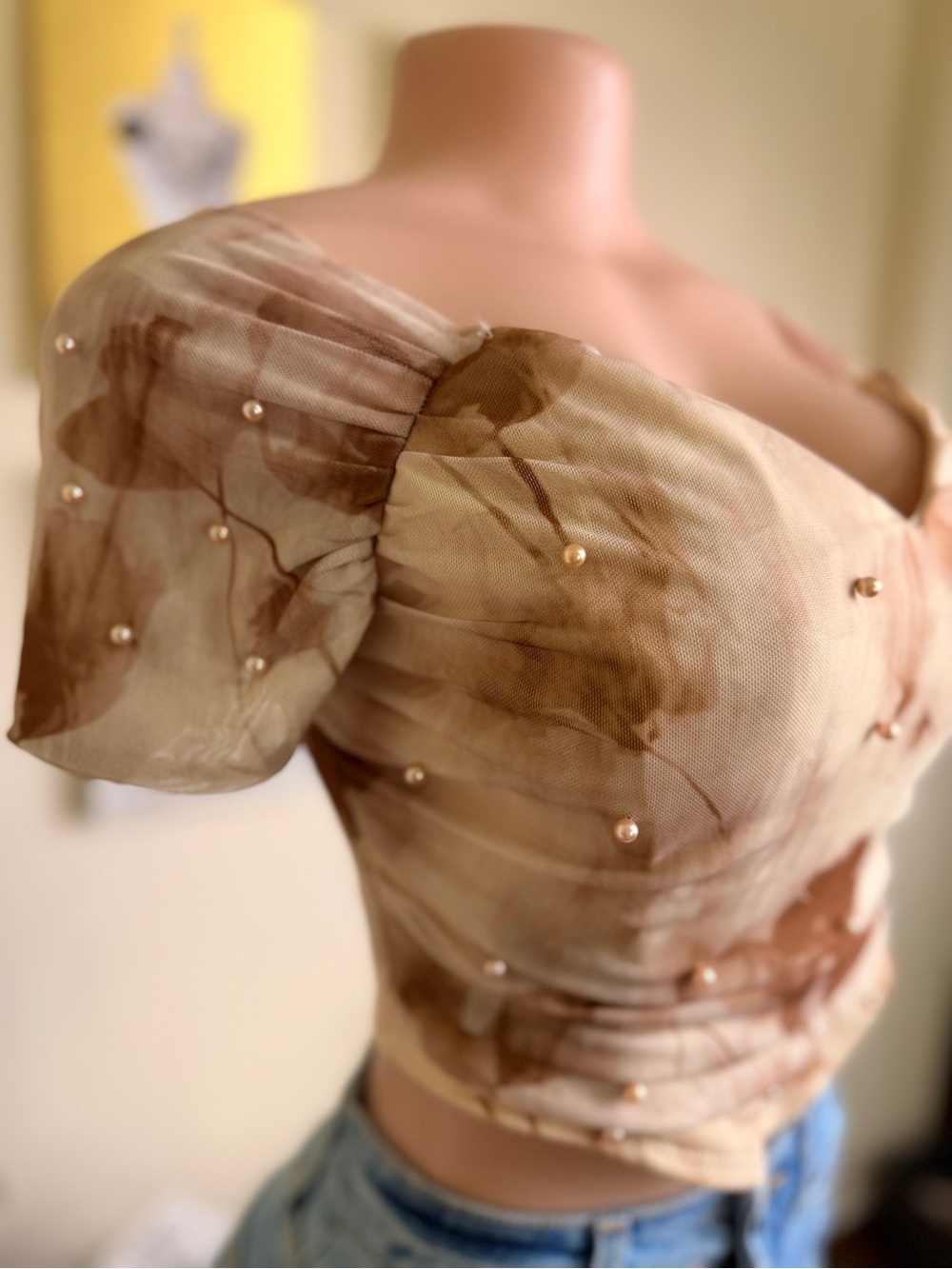 privy Beige & Brown Tie-Dye Off-Shoulder Pearl Sleeve Crop Top